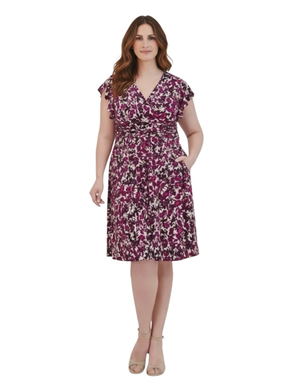 New Jessica Howard Dress Draped V-Neck Dress in Maroon and Pink Floral Size 24W